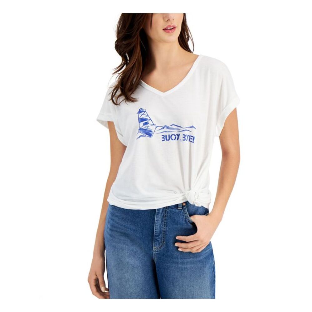 STYLE & CO. DENIM Womens White Graphic Short Sleeve V Neck T-Shirt M